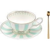 Pfedxoon Bone China Tea Cup Set with Saucer Spoon - 3 Piece Set (7oz) - Cappuccino &amp; Latte Cups - Mother's Day Gift