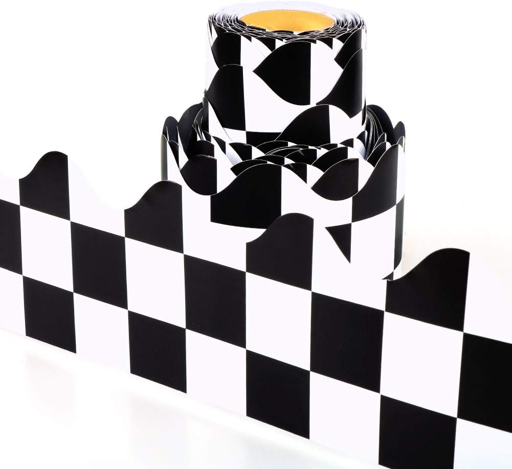 Bulletin Board Borders Trimmer 50ft Rolled Scalloped Black White Check Border Trim for Back School Classroom Blackboard Whiteboard Study Room Wall Decoration