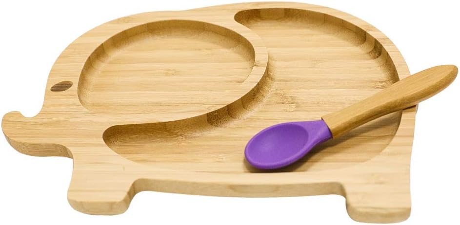Homevibes Elephant Baby Suction Plate and Spoon Set, Silicone & Natural Bamboo Toddler Feeding Training Plate with 7 Colors (Purple)