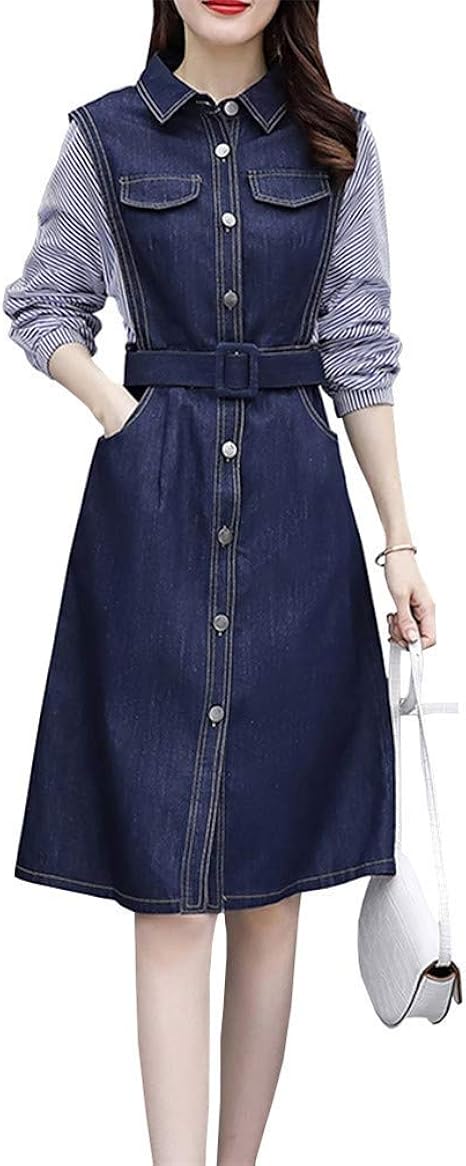 Amazon On Line 婦人服 カウボーイ スカート ワンピース 女の人 秋 中長項 薄手の金 つづり合わせ 長袖 気質 腰を収める やせが目立つ スカート S 3xl ワンピース チュニック 通販