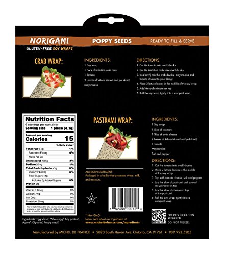 Norigami Non-GMO Gluten-Free Soy Wraps Sesame Seeds and Soy Wraps Poppy Seeds (6 Wraps Per Pack), Low Carbs, High Protein, Vegetarian, Ready To Fill And Serve Wraps, Thin And Healthy Wraps (2 Packs)
