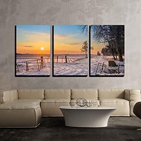 3 Piece Canvas Wall Art - Gates and Fences in Winter Landscape with Snowy Fields and Blue Sky - Modern Home Art Stretched and Framed Ready to Hang - 16"x24"x3 Panels
