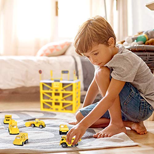 Construction Toys with 3-Level Car Parking Garbage Storage Box Toy Inculding Various Die-cast Construction Trucks, Parking Lot, Traffic Road Sins, Ramp Racing Set, Construction Birthday Party Supplie