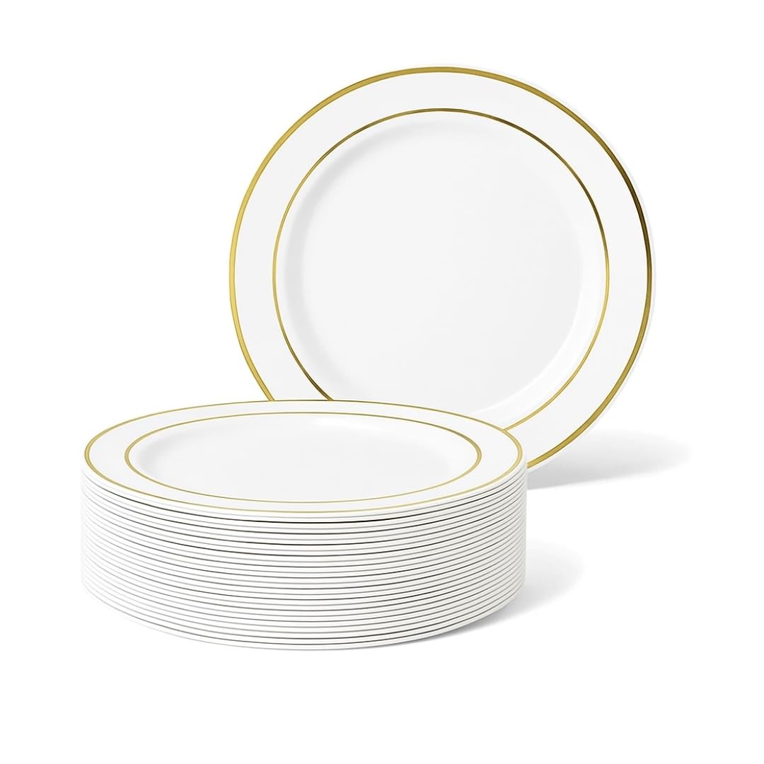 MATANA 25 Premium White Plastic Dessert Plates with Gold Rim (19cm / 7 Inch) – Elegant & Reusable Side Plates for Weddings, Birthdays, Picnic, BBQ, Parties & Events