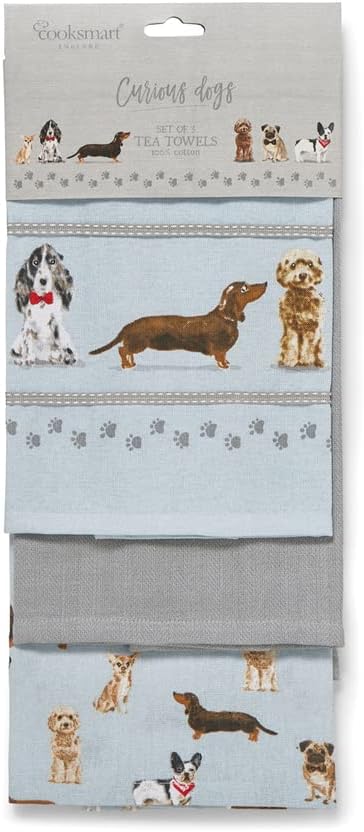 Cooksmart Curious Dogs Set of 3 Tea Towels Kitchen Absorbent Durable Home Decor