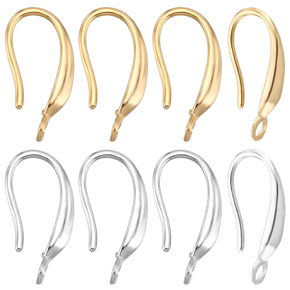 Beebeecraft 1 Box 28Pcs Earring Hooks 925 Sterling Silver Plated & 24K Gold Plated 2 Colors French Earring Hooks with 1.5mm Hole Loop Dangle Fish Hook for Earrings Jewelry Making