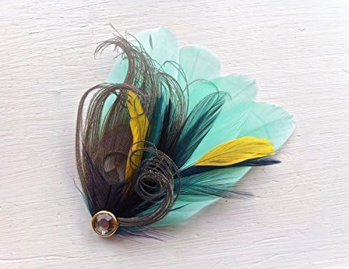 Oh Lucy Handmade SIDNEY Peacock Feather Fascinator with Crystal, Feather Hair Clip, Bridal Hair Piece in Tiffany Blue, Iris Grey, Dark Aqua, Gold and Navy