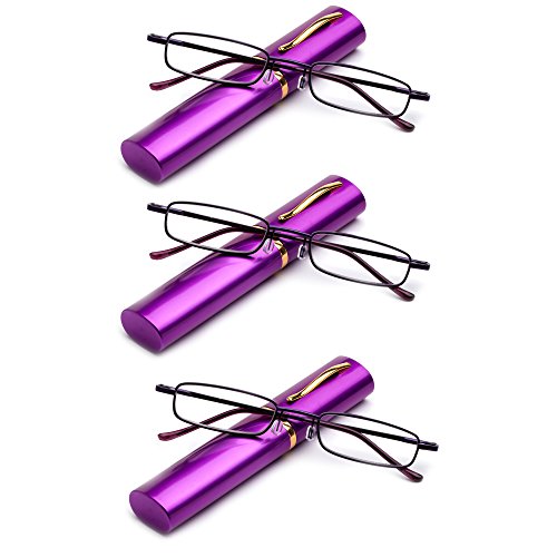Newbee Fashion -Pocket Readers Ultra Compact Spring Temple Reading Glasses w/Portable Pocket Clip Aluminum Case Purple +1.50