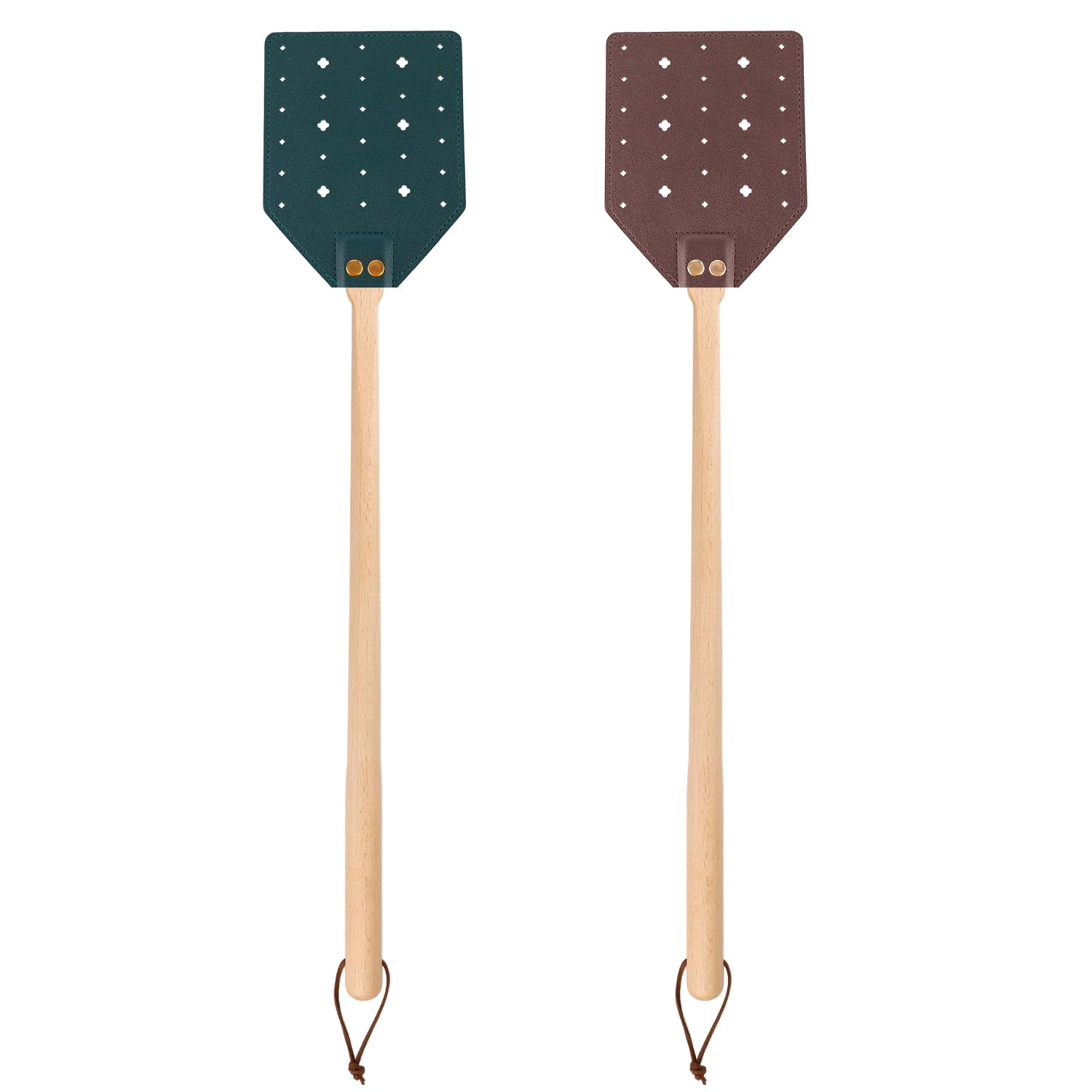2pcs Leather Fly Swatter, Long Flyswatter Heavy Duty Manual Catcher with Wooden Handle & Hanging Rope Patterned Hollow Wasp Swatter for Indoor Outdoor (Dark Green, Brown)