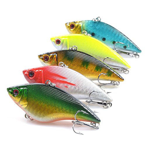 SunMine 5pcs Fishing Lures 2.76in/0.57oz Fishing Bass Lures VIB Lure Shallow Swimbait Crankbait with Treble Hook 3D Fishing Eyes for Bass Trout Freshwater and Saltwater