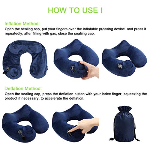 Philorn Inflatable Travel Pillow, Cervical Neck Pillow Inflatable, U Shaped Air Pillow with Soft Velvet Cover, Eye Mask, Earplugs | Self Pump No Need to Blow | Ideal for Sleeping on Train/Plane/Office