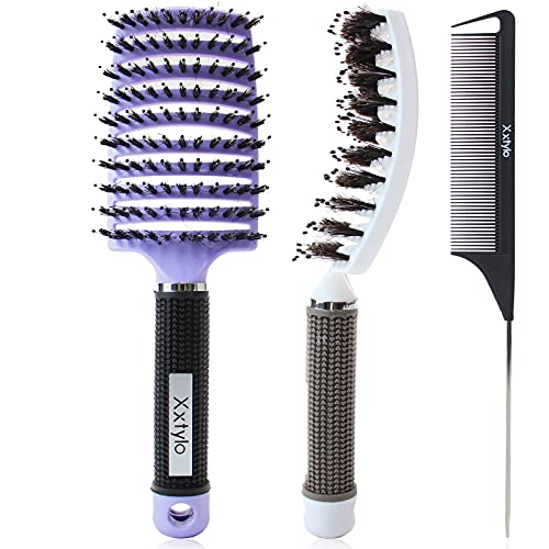 Xxtylo Boar Bristle Hair Brush, Curved Vented Detangling Brush Detangler Hairbrush for Women