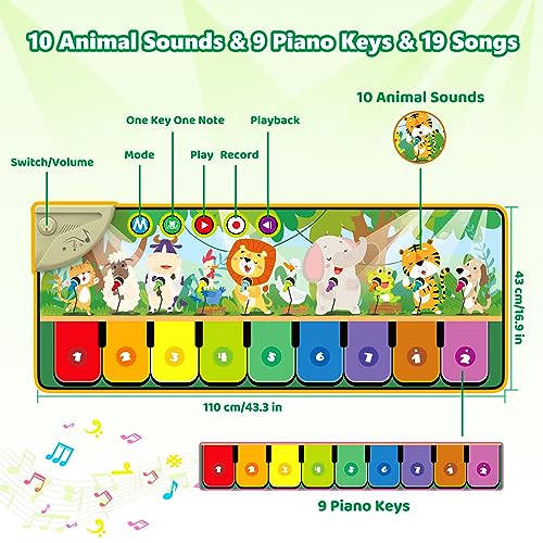 Rodzon Toys for 1-4 Year Old Boys Girls, Musical Play Mat with 9 Piano Keyboard, Piano Dance Mat Built in 19 Sounds & Recording Function for Toddlers Infant Kids Birthday Gifts Present Early Education