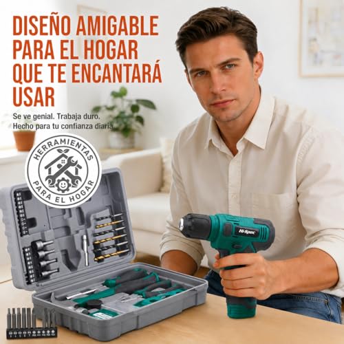 Hi-Spec Cordless Drill Driver 8V USB Rechargeable with Household Tool Set Compact Case with Drill Bits Hammer Tips Pliers Accessories DIY Furniture Assembly Green