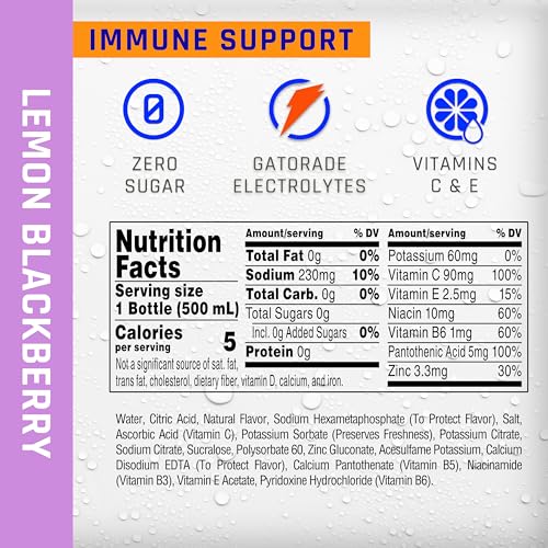 PROPEL IMMUNE SUPPORT ELECTROLYTE ENHANCED WATER SPORTS DRINK, LEMON BLACKBERRY FLAVORED WATER, 100% DV VITAMIN C + ZINC, ZERO CALORIE & ZERO SUGAR HYDRATION WITH ELECTROLYTES AND VITAMINS, 16.9 FL OZ WATER BOTTLES (12 PACK)