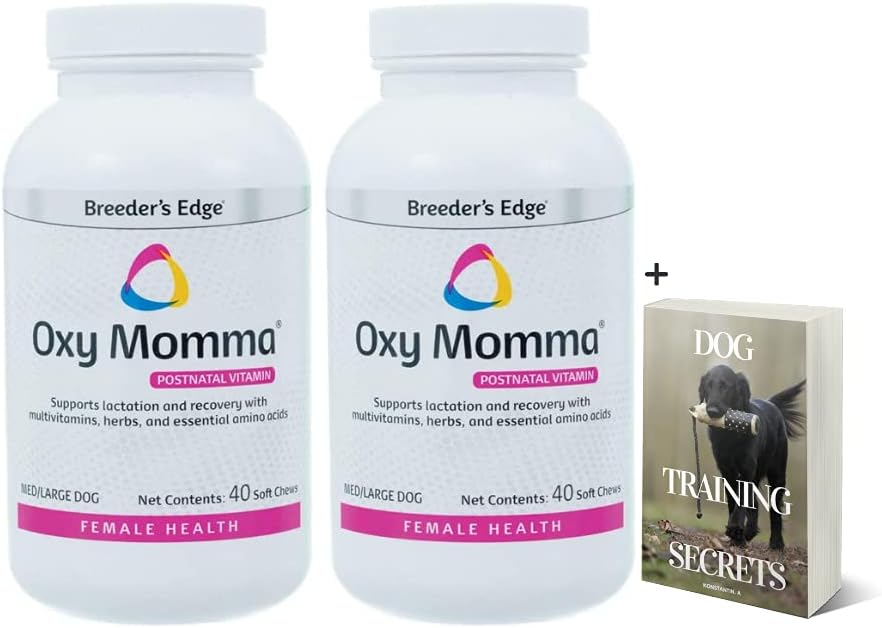 Breeders Edge Oxy Momma 2 Pack 40ct Medium & Large Dog Breed Nursing Support Soft Chews & Birth Recovery Supplements - Postnatal Vitamins for Breastfeeding Moms - Lactating Help Dog Chews with E-Book