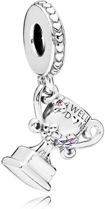 PLOOKIJUH New 100% 925 Sterling Silver Achievement Trophy Dangle Charm Pink Crystal & Lilac Enamel Pendant Bead Bracelet DIY Necklace Gift