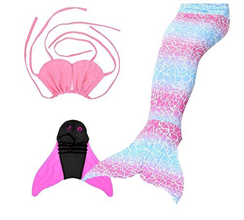 XonyiCos Mermaid Tails for Swimming with Monofin Girls Boys Kids Adults Swimwear Swimming Costumes (3pcs(Multi-Pink Mermaid Tail+Top+Monofin), 6-7 Years)
