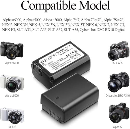 ENEGON Pack de 2 Baterías NP-FW50 y Cargador LCD para Sony ZV-E10, Alpha A6000, A6300, A6400, A6500, A5000, A5100, A7, A7II, A7R, A7RII, A7S, A7SII, RX10 II III NEX-3/5/7 Series
