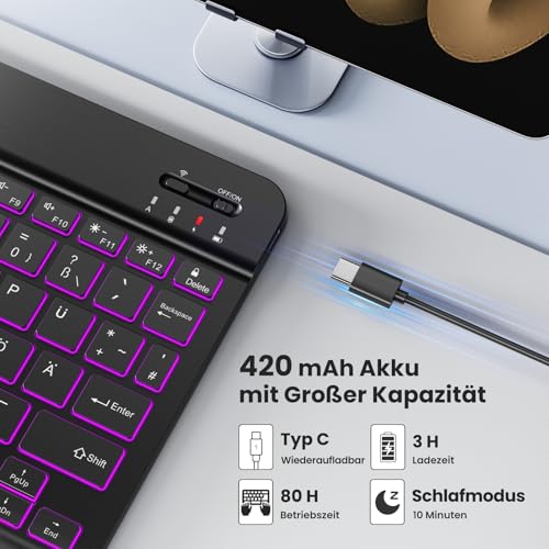 TECKNET German Bluetooth Keyboard for Tablet/iPad Mini/Pro/Air/10.2/10.9/iPhone/Android/Windows, iPad Keyboard with Lighting, Rechargeable, Portable, Wireless, Ultra Thin, Black