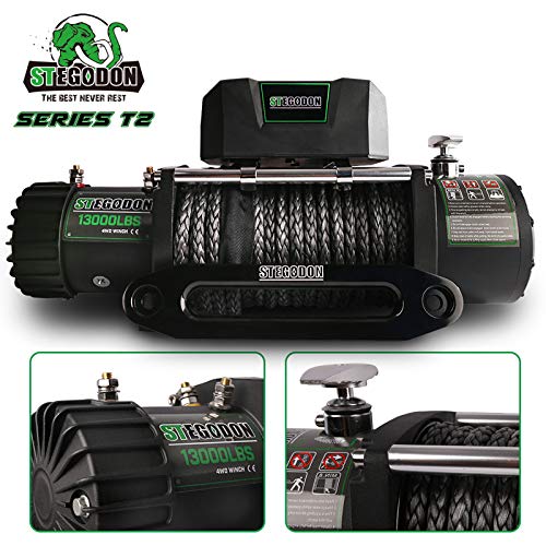 STEGODON 13000 lb. Load Capacity Electric Winch T2,12V Synthetic Rope Electric Winch with Hawse Fairlead,Waterproof IP67 Winch with Wireless Handheld Remotes and Wired Handle(All Black) - Image 2