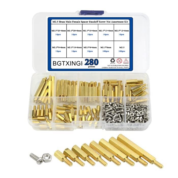 BGTXINGI 280pcs M2.5 Brass Male-Female/Female Standoff Screw Nut Assortment Kit and Stainless Steel Screw Nut Set