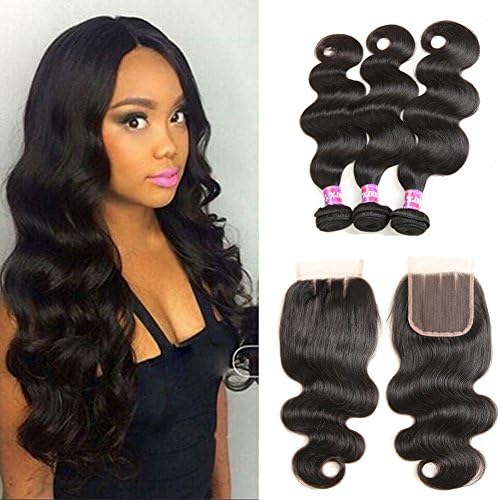 Ossilee Hair Body Wave Bundles with Clousre 4x4 Lace Closure with Bundles Malaysian Virgin Hair 3 Bundles with Lace Closure Unprocess Body Wave Hair Extentions (14 16 18+12 closure, Three Part)