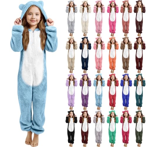 Girls Fleece Zip Up Jumpsuits, Girls Animal Onesie Jumpsuit, Kids Fuzzy Hooded Zip-Up Rompers Costume, Thermal Loungewear Sleepsuits, Winter Warm Spliced Plush Jumpsuits Clothes for 3-13 Years