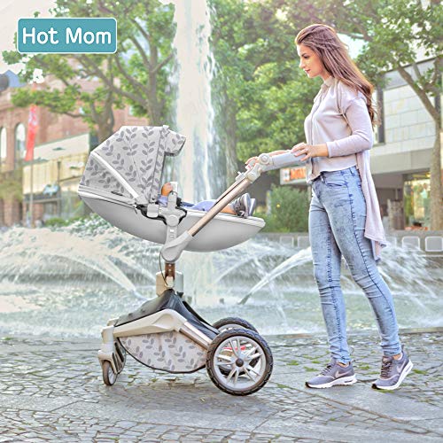 Baby Stroller 360 Rotation Function,Hot Mom Pushchair Pram,New Style 2020,Grey Leaves - Thumbnail 5