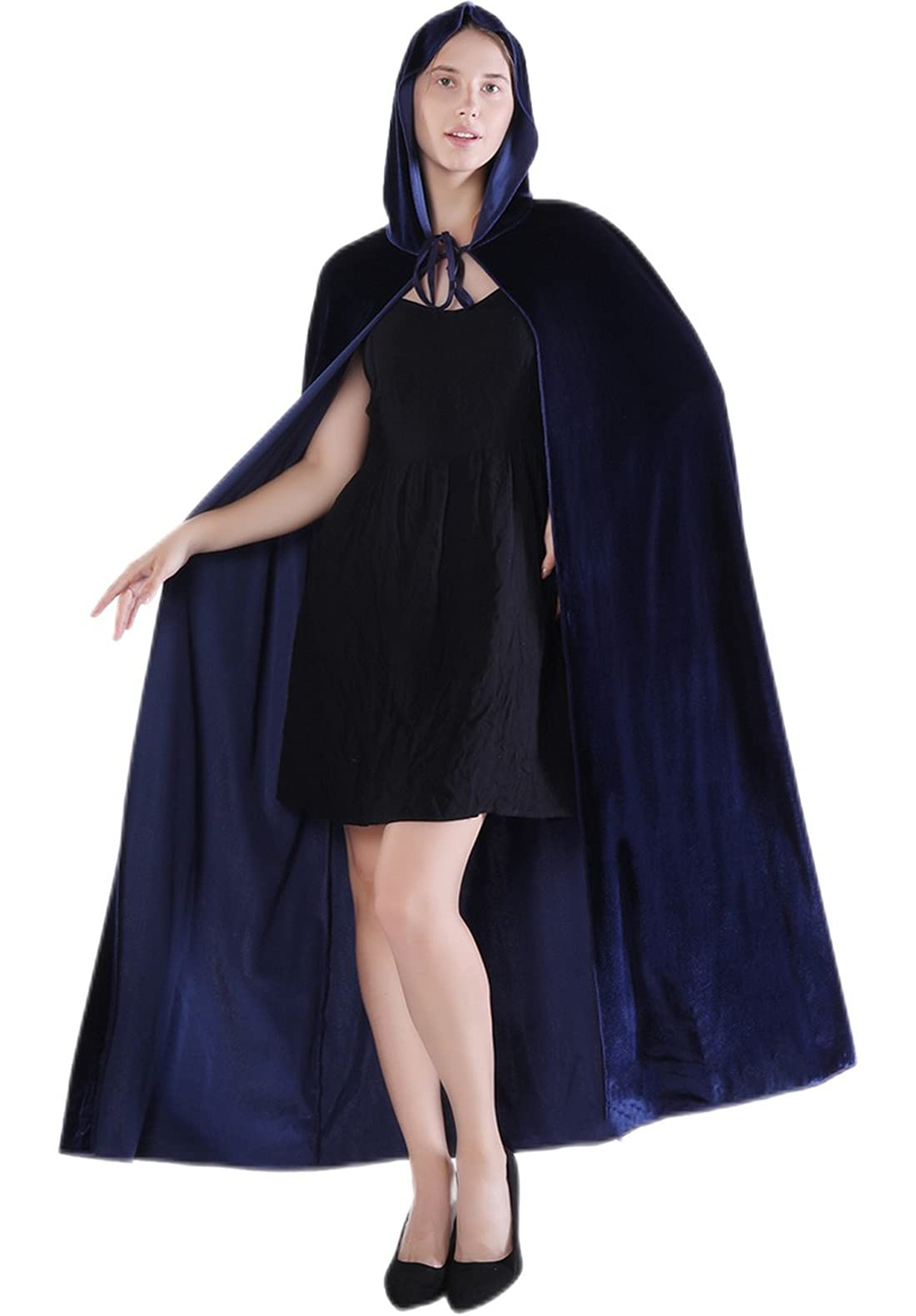 Awlsyj Womens Hooded Cloak Long Velvet Cape Halloween Costumes Robe Masquerade Party Role Cosplay (Navy Blue) — image 1