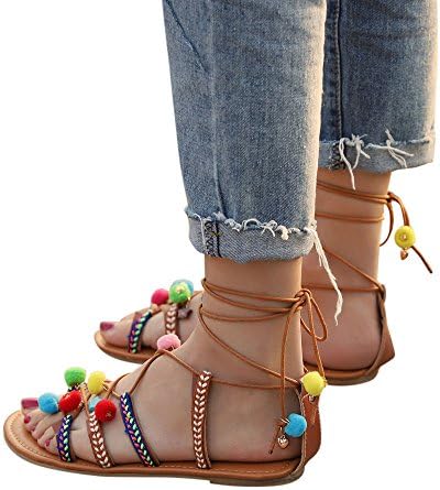 Creazrise Women Open Toe Bandages Flat Sandals Ladies Bohemia Gladiator Pom-Pom Sandals Multicolor