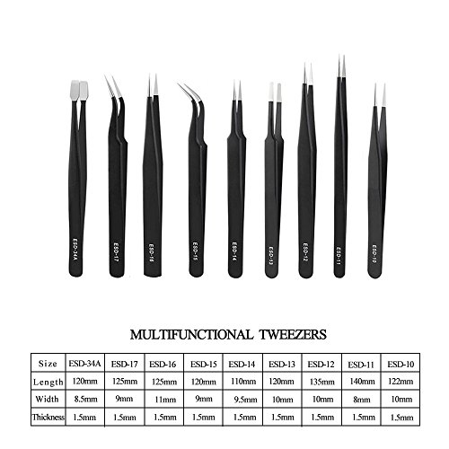 Precision Tweezers Set MANYEE 9 Pcs Professional Anti-Static Stainless Steel Tweezers Kit Non-Magnetic ESD Tweezers with Storage Bag for Electronics Repair, Jewelry-Making,Craft, Soldering