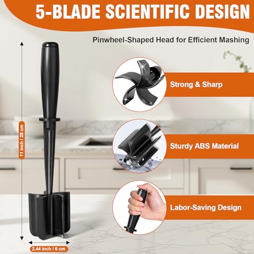 Mince Masher, Ground Beef Meat Chopper with 5-Blade Head, Versatile High-Temp Heat-Resistant Hamburger Meat Masher, Non-Stick Mince Meat Shredder for Ground Turkey/Beef, Nylon Utensil Cookware