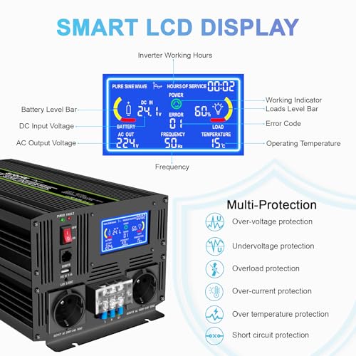 NOVOPAL Pure Sine Converter 5000W 10000W Inverter 24V 220V | 5 m Remote Control with Error Codes, 2 EU Sockets, LCD Screen, for Car, Caravan, Boat, Camping, Travel