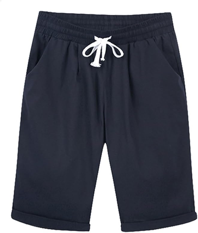 Women's Summer Bermuda Elastic Waist Knee Length Curling Casual Shorts with Drawstring