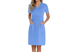BWAYDEG Scrubs for Women Short Sleeve Nurse Working Uniform V Neck Wrap Dress with Pocket Nursing Scrubs Holiday Workwear