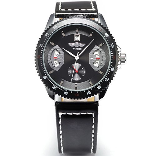 AGENT X Men's Business Wrist Watch Automatic Mechanical Self-wind Black Leather Strap