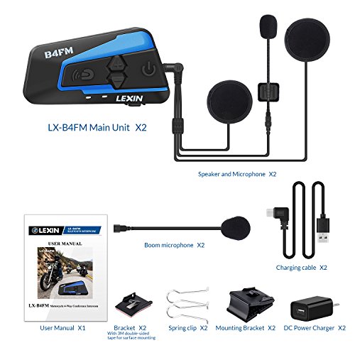 LEXIN 4 Way BT Interphone Bluetooth Motorcycle Helmet Intercom, Universal Wireless Headset, Motorbike Communication System with Speakers headphones for Motorbike Skiing for Rider