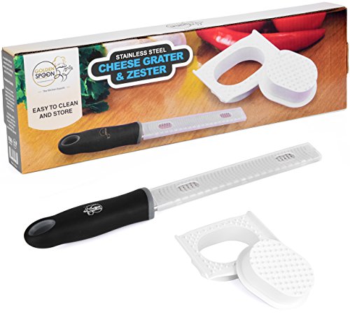 Stainless Steel Citrus Zester & Hand Safe Guard â€“ Lemon, Orange & Lime Grater With Silicone Handle, Cover & A Finger Protector â€“ Grate Cheese, Chocolate, Ginger, Garlic, Coconut, Onions & Potatoes