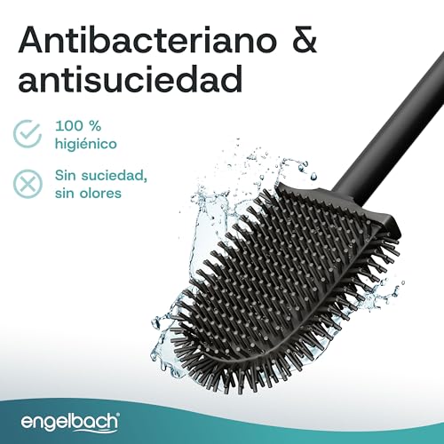 Engelbach® Silicone Toilet Brush with Stainless Steel Handle and Holder – Antibacterial Wall Mounted Toilet Brush without Drill – Toilet Brush with Replacement Head – White