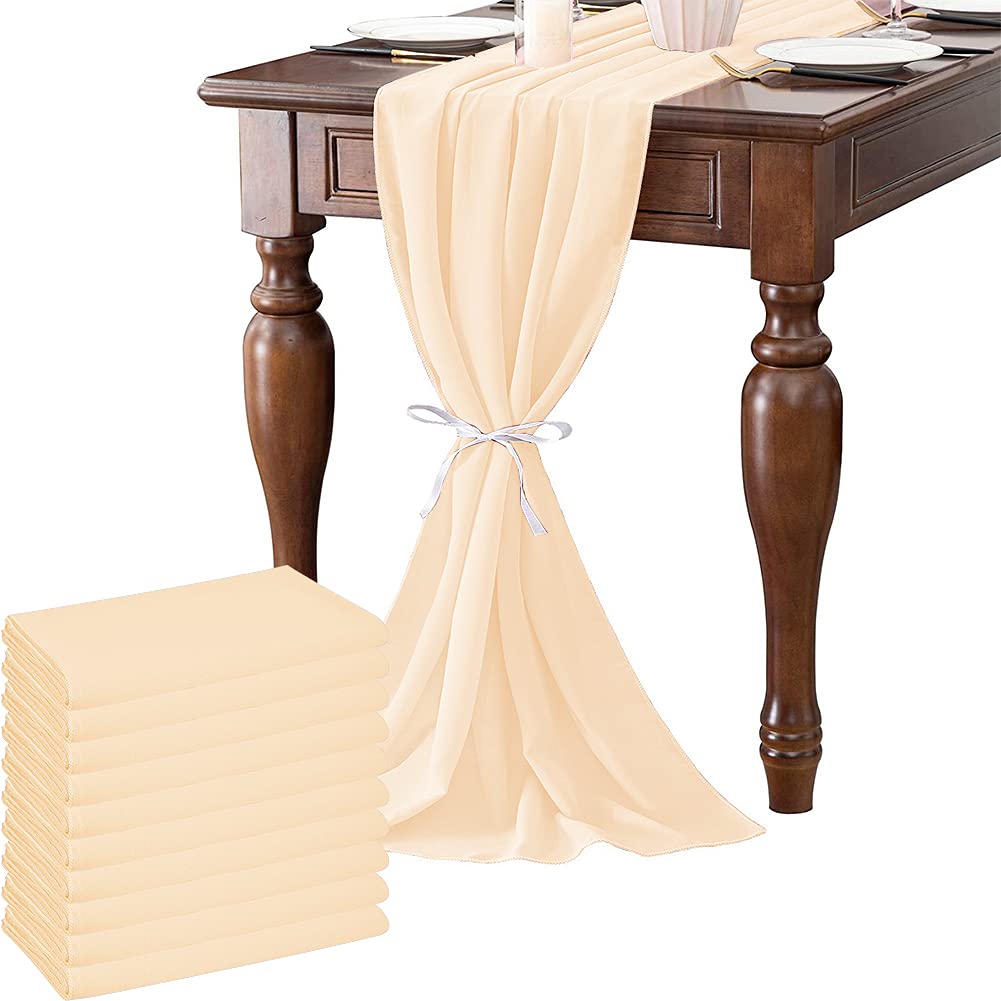 DUEBEL 10 Feet White Chiffon Table Runner Sheer Wedding Table Cloth 8 Packs 29x120 Inches Romantic Rustic Table Runner for Wedding Party Baby Shower Decorations (White)