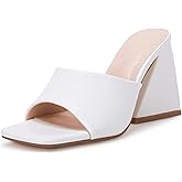 VETASTE Women's Heeled Sandals Square Open Toe Slip on Block Heels Mules