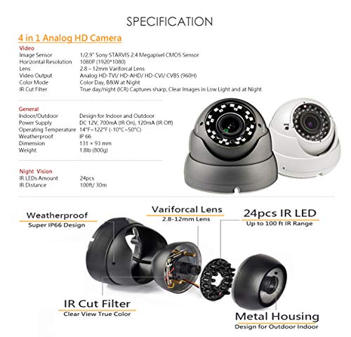 101AV 1080P True Full-HD Security Dome Camera 2.8-12mm Variable Focus Lens 2.4Megapixel STARVIS Image Sensor IR in/Outdoor WDR OSD Works w/ 1080P TVI 1080P AHD 1080P CVI & Standard Recorder only - Thumbnail 5