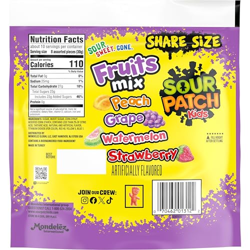 SOUR PATCH KIDS FRUITS MIX SOFT & CHEWY GUMMY CANDY, SHARE SIZE, 11.03 OZ