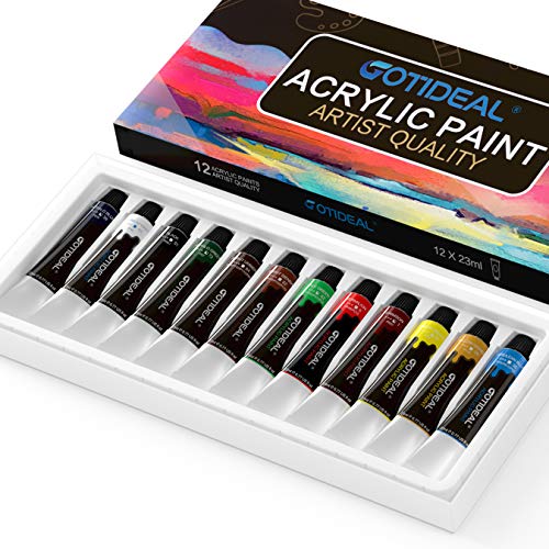 GOTIDEAL Acrylic Paint Set, 12 Colors/Tubes(23ml, 0.77 oz) Non Toxic
