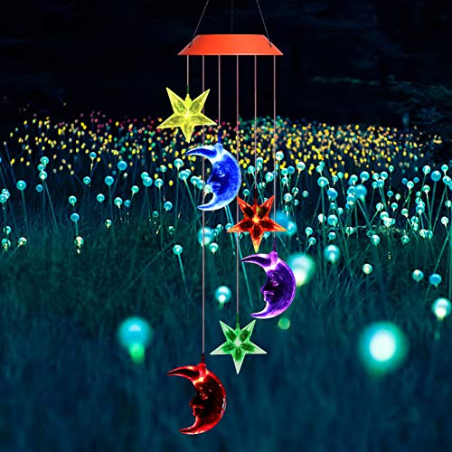 YUMAMEI Solar Wind Chimes Lights, Outdoor Moon and Star Solar Lights, Mobile Wind-Bell, Waterproof Color Changing Wind Chimes, Spiral Spinner Festival Garden Decoration (Moon & Star)