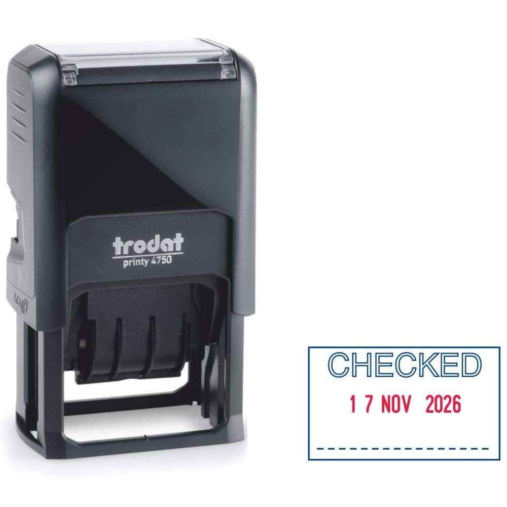 Trodat Printy 4750 Dater Stamp with English Phrase CHECKED - Self Inking, Red Ink Date and Blue Text black,Small
