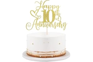 LVEUD golden Glitter Happy 10th Anniversary Cake Toppers-Wedding Anniversary Party Decorations,gold Wedding Party，Birthday Party Decorations,Company Anniversary Party/10th Birthday Party Decorations (10th)
