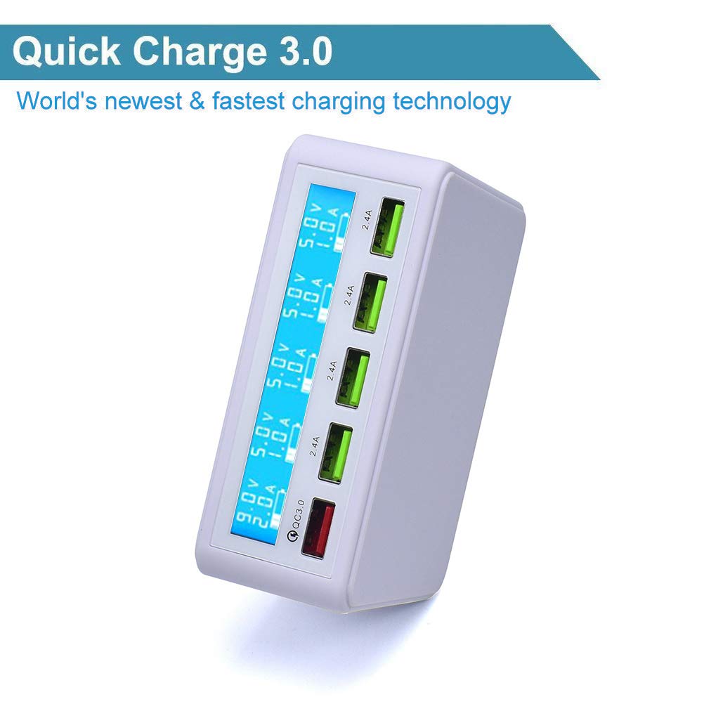Multi USB Charger,50W 5 Port USB Fast Charger with QC 3.0 Quick Charge LCD Smart Charging Station Hub for Smartphone,Tablet,Power Bank and Multiple Devices (White)