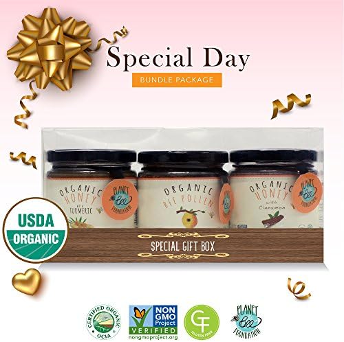 GREENBOW Special Day Gift Package Organic Bee Pollen, Organic Honey with Cinnamon and Organic Honey with Turmeric - 100% USDA Certified Organic, Gluten Free, Non-GMO -Bundle package